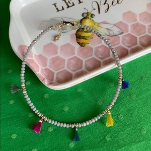 Structured Silver Beaded Choker with Tassels